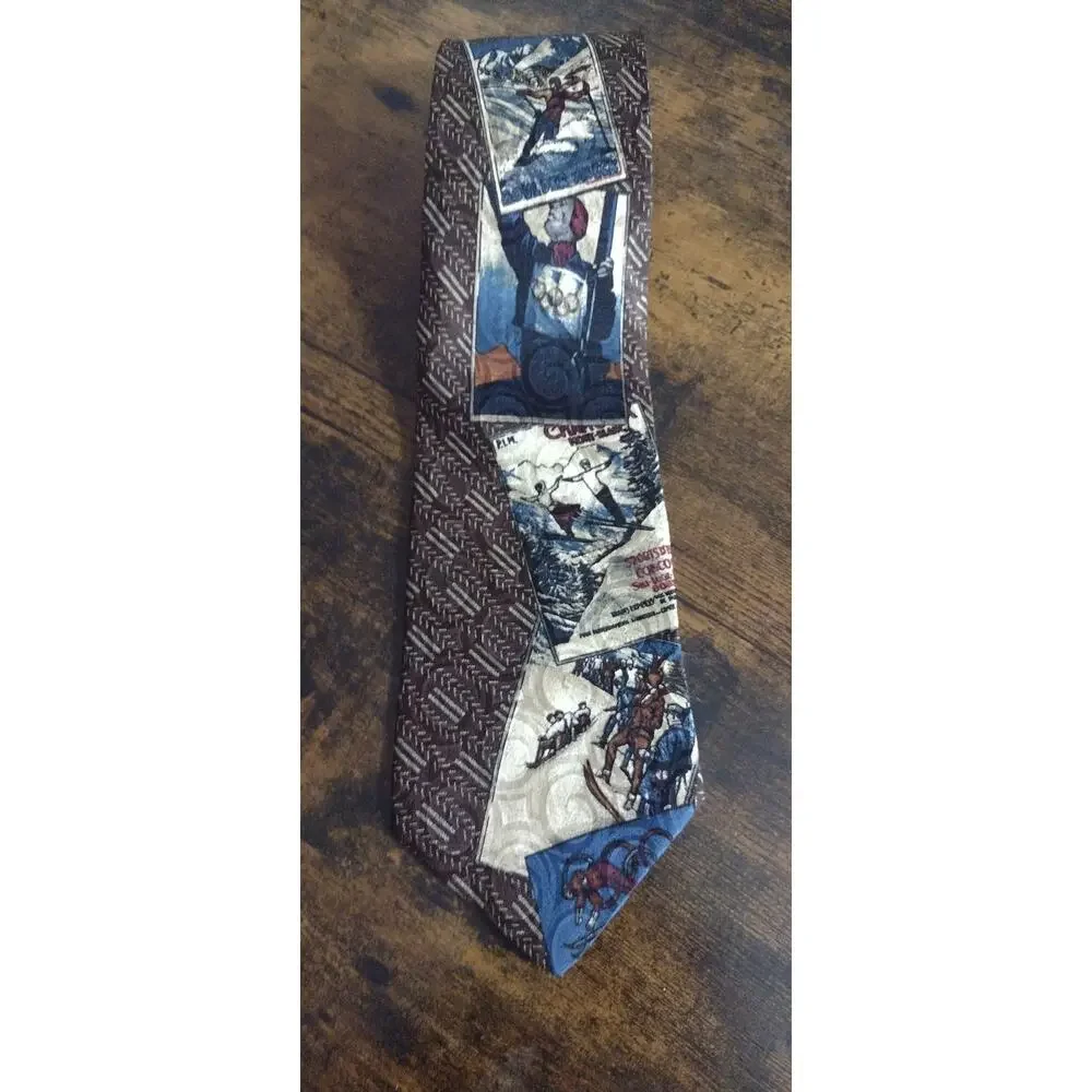 1990s Guess mens tie vintage 90's preppy necktie multicolor brown ski theme